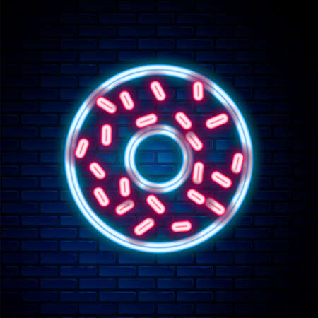 Glowing neon line Donut with sweet glaze icon isolated on brick wall background. Colorful outline concept. Vectorのイラスト素材