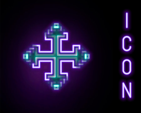 Glowing neon line Pixel arrows in four directions icon isolated on black background. Cursor move sign. Colorful outline concept. Vectorのイラスト素材