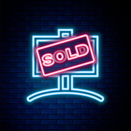 Glowing neon line Hanging sign with text Sold icon isolated on brick wall background. Sold sticker. Sold signboard. Colorful outline concept. Vectorのイラスト素材