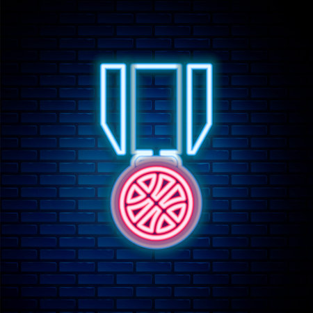 Glowing neon line Basketball medal with ribbon icon isolated on brick wall background. Colorful outline concept. Vectorのイラスト素材