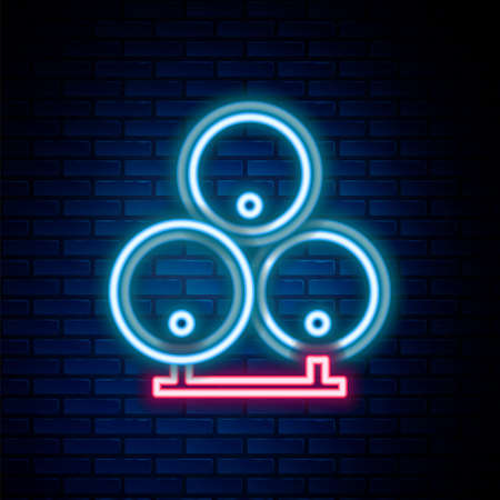 Glowing neon line Wooden barrels icon isolated on brick wall background. Alcohol barrel, drink container, wooden keg for beer, whiskey, wine. Colorful outline concept. Vectorのイラスト素材