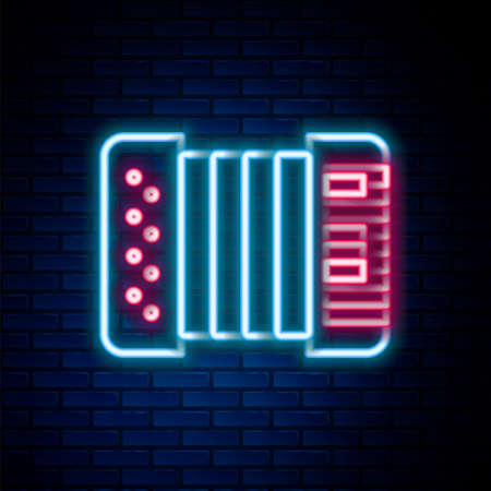 Glowing neon line Musical instrument accordion icon isolated on brick wall background. Classical bayan, harmonic. Colorful outline concept. Vectorのイラスト素材