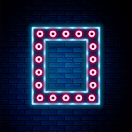Glowing neon line Makeup mirror with lights icon isolated on brick wall background. Colorful outline concept. Vectorのイラスト素材