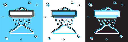 Set Sifting flour, cereals or powdered sugar through sieve icon isolated on blue and white, black background. Vectorのイラスト素材