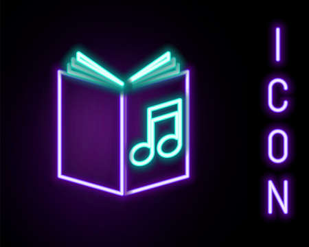 Glowing neon line Audio book icon isolated on black background. Musical note with book. Audio guide sign. Online learning concept. Colorful outline concept. Vectorのイラスト素材