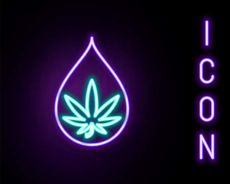 Glowing neon line Medical marijuana or cannabis leaf olive oil drop icon isolated on black background. Cannabis extract. Hemp symbol. Colorful outline concept. Vectorのイラスト素材