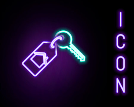 Glowing neon line House with key icon isolated on black background. The concept of the house turnkey. Colorful outline concept. Vectorのイラスト素材