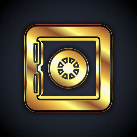 Gold Safe icon isolated on black background. The door safe a bank vault with a combination lock. Reliable Data Protection. Vectorのイラスト素材