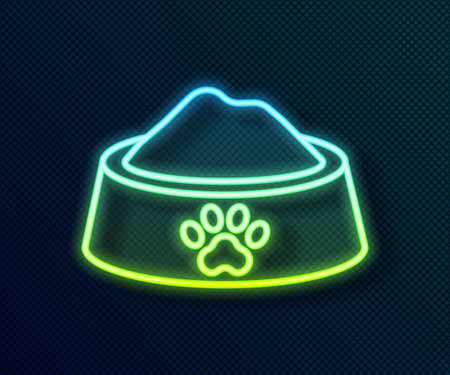 Glowing neon line Pet food bowl for cat or dog icon isolated on black background. Dog or cat paw print. Vectorのイラスト素材