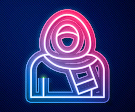 Glowing neon line Muslim woman in hijab icon isolated on blue background. Vectorのイラスト素材