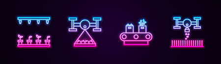 Set line Automatic irrigation sprinklers, Smart farm with drone, Conveyor belt box and . Glowing neon icon. Vectorのイラスト素材