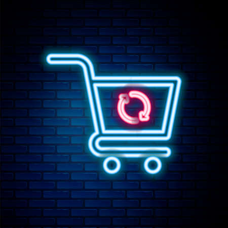 Glowing neon line Refresh shopping cart icon isolated on brick wall background. Online buying concept. Delivery service sign. Update supermarket basket symbol. Colorful outline concept. Vectorのイラスト素材