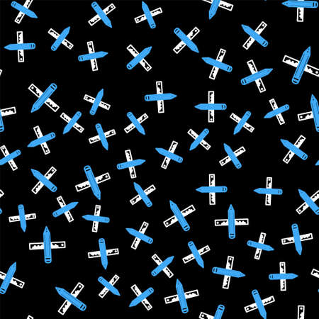 Line Crossed ruler and pencil icon isolated seamless pattern on black background. Straightedge symbol. Drawing and educational tools. Vectorのイラスト素材