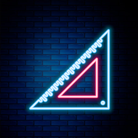 Glowing neon line Triangular ruler icon isolated on brick wall background. Straightedge symbol. Geometric symbol. Colorful outline concept. Vectorのイラスト素材