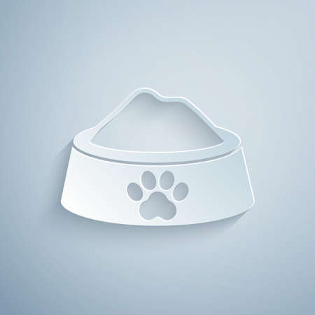 Paper cut Pet food bowl for cat or dog icon isolated on grey background. Dog or cat paw print. Paper art style. Vectorのイラスト素材