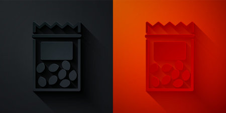 Paper cut Pack full of seeds of a specific plant icon isolated on black and red background. Paper art style. Vectorのイラスト素材