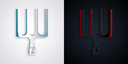 Paper cut Garden pitchfork icon isolated on grey and black background. Garden fork sign. Tool for horticulture, agriculture, farming. Paper art style. Vectorのイラスト素材