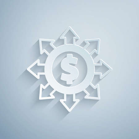 Paper cut Dollar, share, network icon isolated on grey background. Paper art style. Vectorのイラスト素材