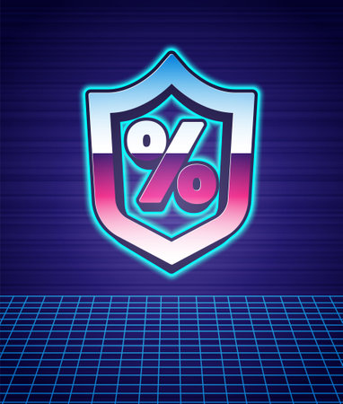 Retro style Loan percent icon isolated futuristic landscape background. Protection shield sign. Credit percentage symbol. 80s fashion party. Vectorのイラスト素材