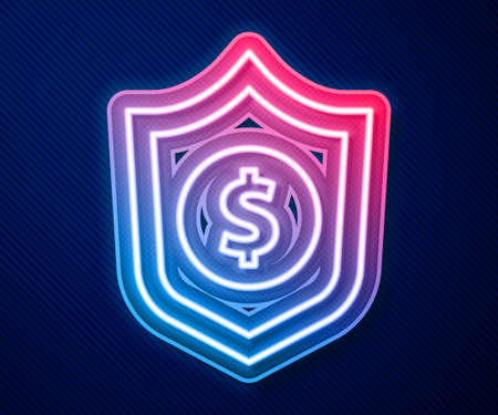 Glowing neon line Shield with dollar symbol icon isolated on blue background. Security shield protection. Money security concept. Vectorのイラスト素材