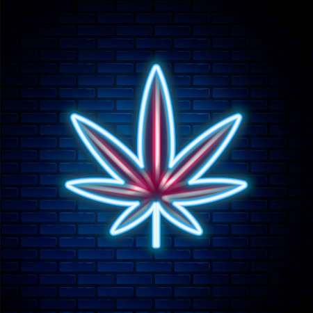 Glowing neon line Medical marijuana or cannabis leaf icon isolated on brick wall background. Hemp symbol. Colorful outline concept. Vectorのイラスト素材