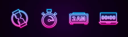Set line Old hourglass, Stopwatch, Digital alarm clock and Clock on laptop. Glowing neon icon. Vectorのイラスト素材
