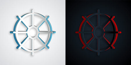 Paper cut Dharma wheel icon isolated on grey and black background. Buddhism religion sign. Dharmachakra symbol. Paper art style. Vectorのイラスト素材
