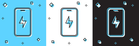 Set Smartphone charging battery icon isolated on blue and white, black background. Phone with a low...