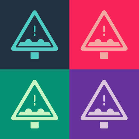 Pop art Uneven road ahead sign. Warning road icon isolated on color background. Traffic rules and safe driving. Vectorのイラスト素材