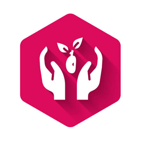 White Plant in hand of environmental protection icon isolated with long shadow background. Seed and seedling. Planting sapling. Ecology concept. Pink hexagon button. Vectorのイラスト素材