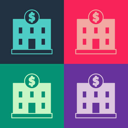 Pop art Bank building icon isolated on color background. Vectorのイラスト素材