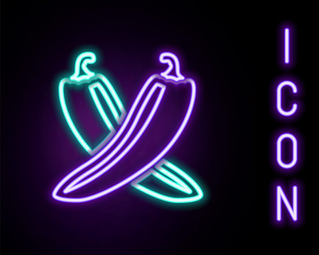 Glowing neon line Crossed hot chili pepper pod icon isolated on black background. Design for grocery, culinary products, seasoning and spice package. Colorful outline concept. Vectorのイラスト素材