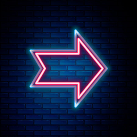Glowing neon line Arrow icon isolated on brick wall background. Direction Arrowhead symbol. Navigation pointer sign. Colorful outline concept. Vectorのイラスト素材