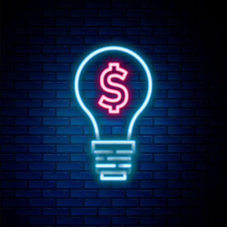 Glowing neon line Light bulb with dollar symbol icon isolated on brick wall background. Money making ideas. Fintech innovation concept. Colorful outline concept. Vectorのイラスト素材