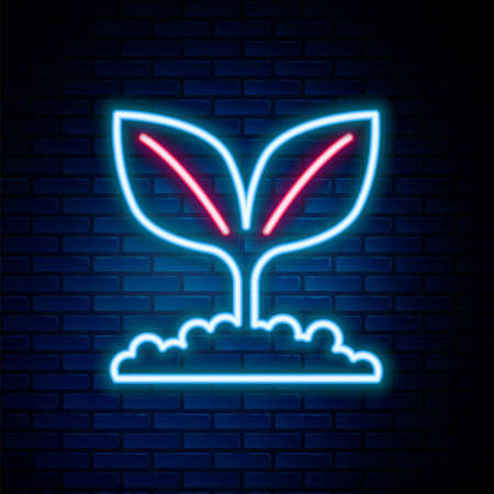 Glowing neon line Plant icon isolated on brick wall background. Seed and seedling. Leaves sign. Leaf nature. Colorful outline concept. Vectorのイラスト素材