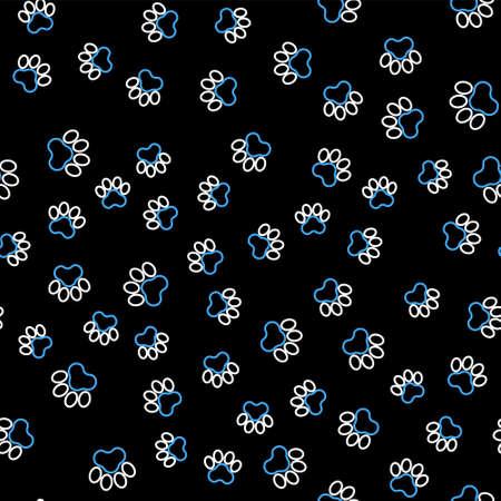 Line Paw print icon isolated seamless pattern on black background. Dog or cat paw print. Animal track. Vectorのイラスト素材