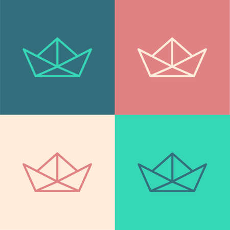 Pop art line Folded paper boat icon isolated on color background. Origami paper ship. Vectorのイラスト素材