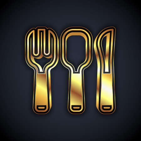 Gold Fork, spoon and knife icon isolated on black background. Cooking utensil. Cutlery sign. Vectorのイラスト素材