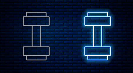 Glowing neon line Dumbbell icon isolated on brick wall background. Muscle lifting icon, fitness barbell, gym, sports equipment, exercise bumbbell. Vectorのイラスト素材