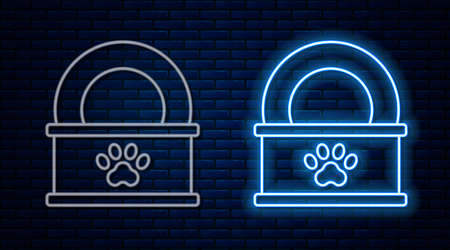 Glowing neon line Canned food icon isolated on brick wall background. Food for animals. Pet food can. Vectorのイラスト素材