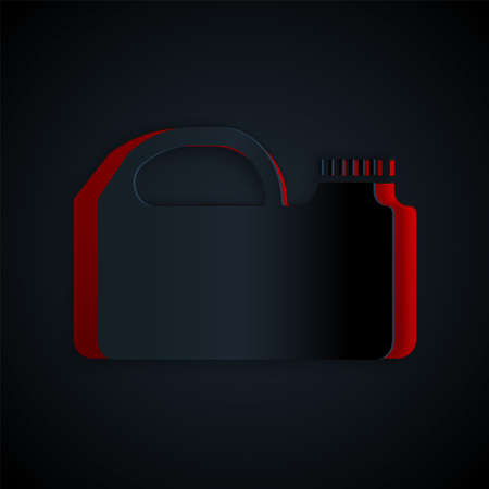 Paper cut Plastic canister for motor machine oil icon isolated on black background. Oil gallon. Oil change service and repair. Paper art style. Vector Illustrationのイラスト素材