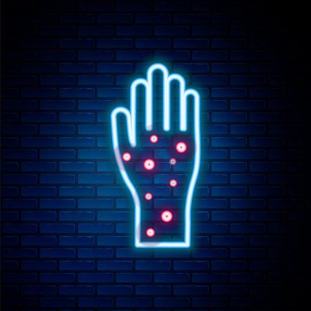 Glowing neon line Hand with psoriasis or eczema icon isolated on brick wall background. Concept of human skin response to allergen or chronic body problem. Colorful outline concept. Vectorのイラスト素材