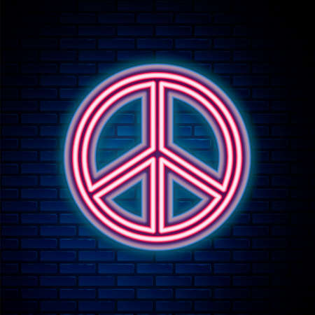 Glowing neon line Peace icon isolated on brick wall background. Hippie symbol of peace. Colorful outline concept. Vectorのイラスト素材