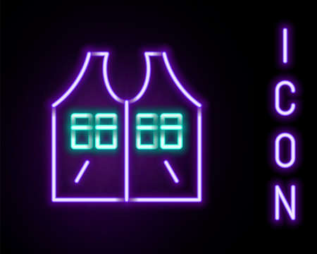 Glowing neon line Hunting jacket icon isolated on black background. Hunting vest. Colorful outline concept. Vectorのイラスト素材