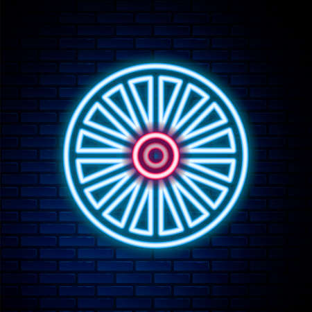 Glowing neon line Alloy wheel for a car icon isolated on brick wall background. Colorful outline concept. Vectorのイラスト素材