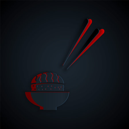 Paper cut Sushi icon isolated on black background. Traditional Japanese food. Paper art style. Vector.のイラスト素材
