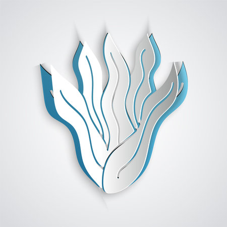 Paper cut Seaweed icon isolated on grey background. Underwater seaweed spirulina, aquatic marine algae plant. Vegan and vegetarian food. Paper art style. Vector.のイラスト素材