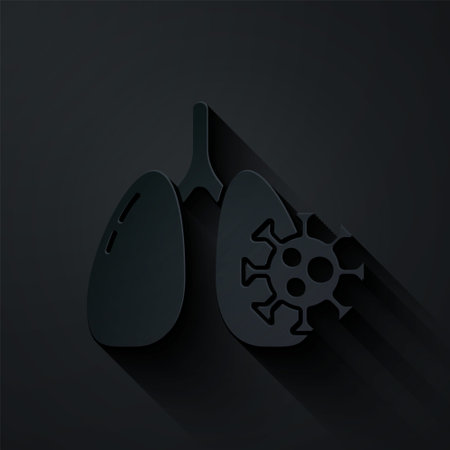 Paper cut Virus cells in lung icon isolated on black background. Infected lungs. Paper art style. Vector.のイラスト素材
