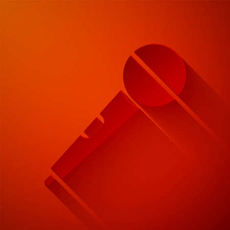 Paper cut Microphone icon isolated on red background. On air radio mic microphone. Speaker sign. Paper art style. Vectorのイラスト素材