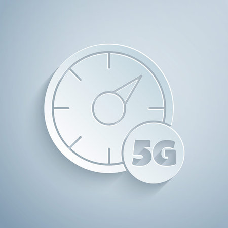 Paper cut Digital speed meter concept with 5G icon isolated on grey background. Global network high...